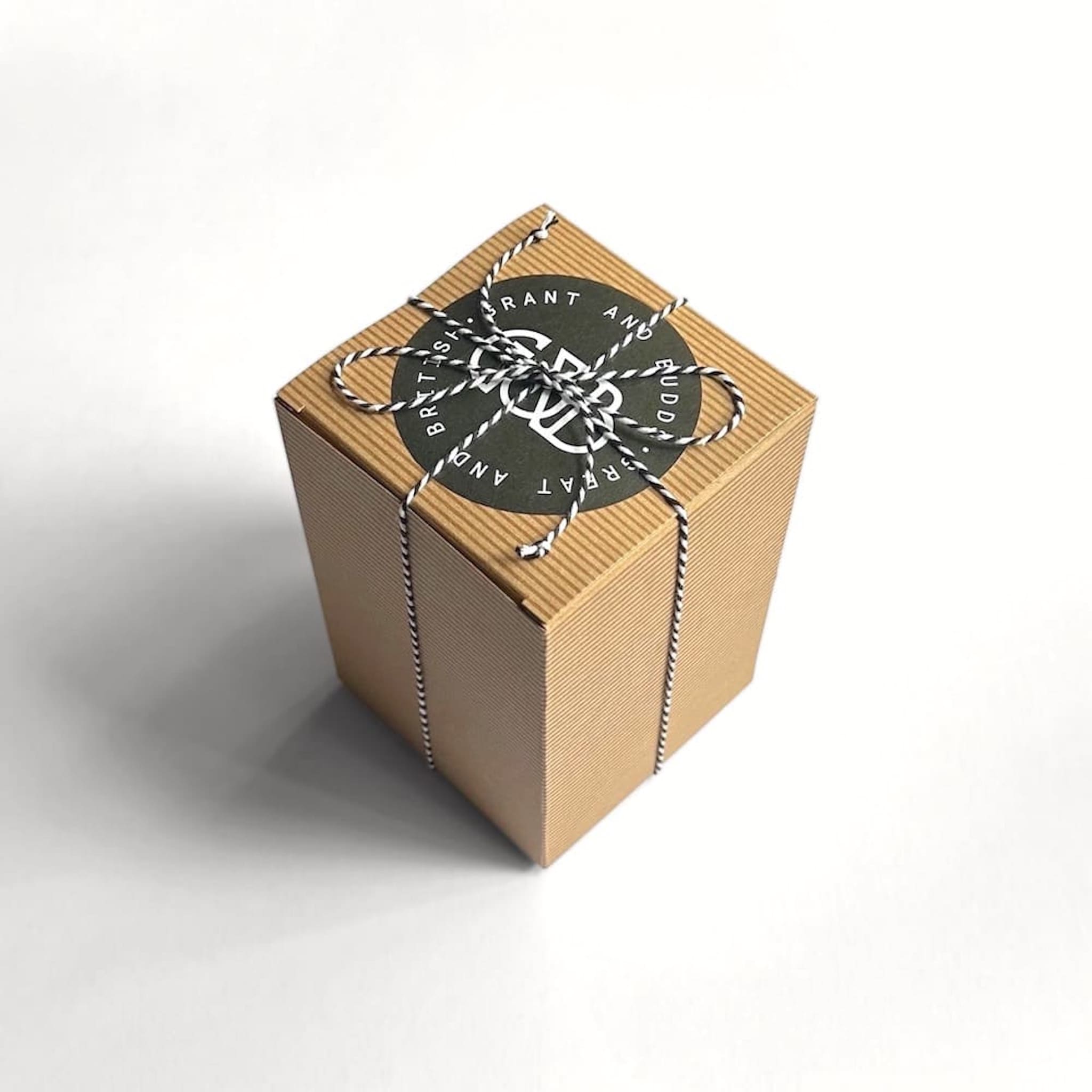 Grant and Budds gift box with a black label on a white background