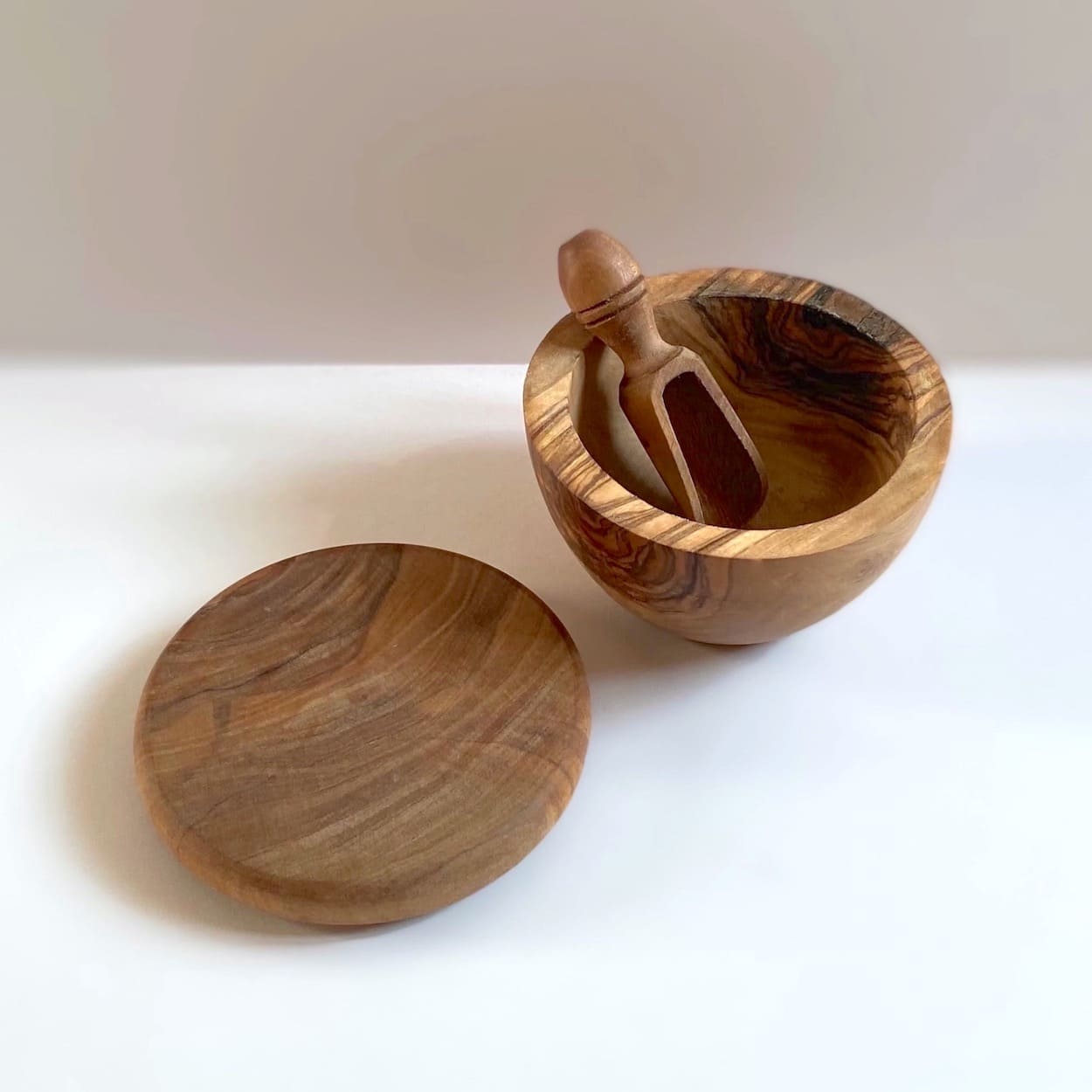 Olive Wood Lidded Salt Pot With Scoop
