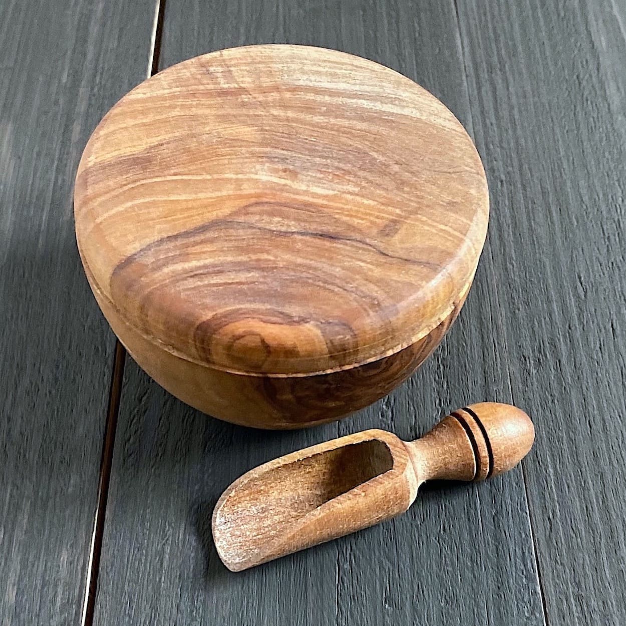 Olive Wood Lidded Salt Pot With Scoop