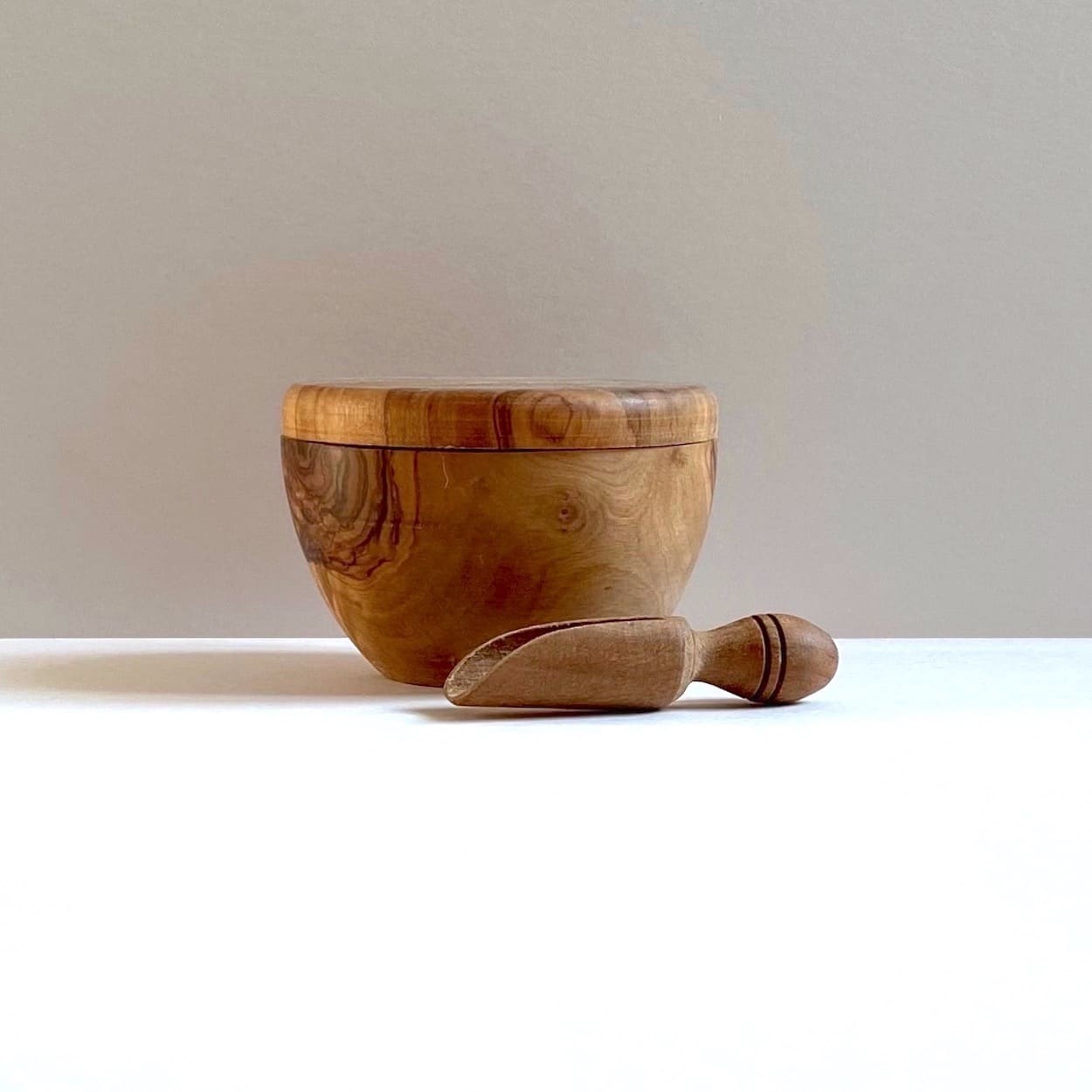 Olive Wood Lidded Salt Pot With Scoop