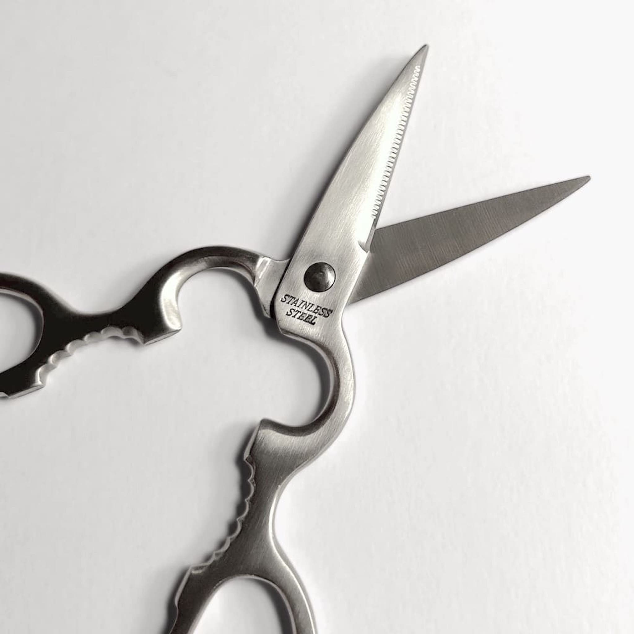 Scissors with 'Stainless Steel' engraving on a white background
