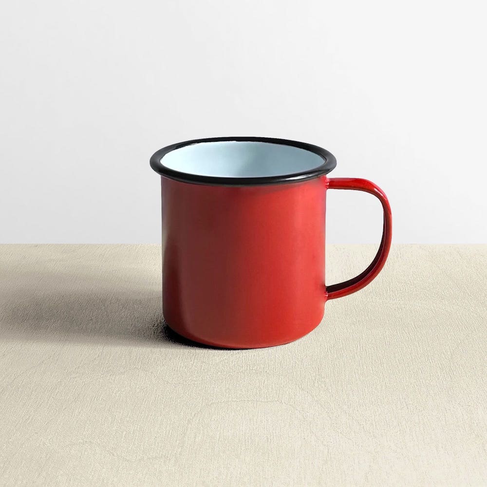 Large red enamel cup without handle