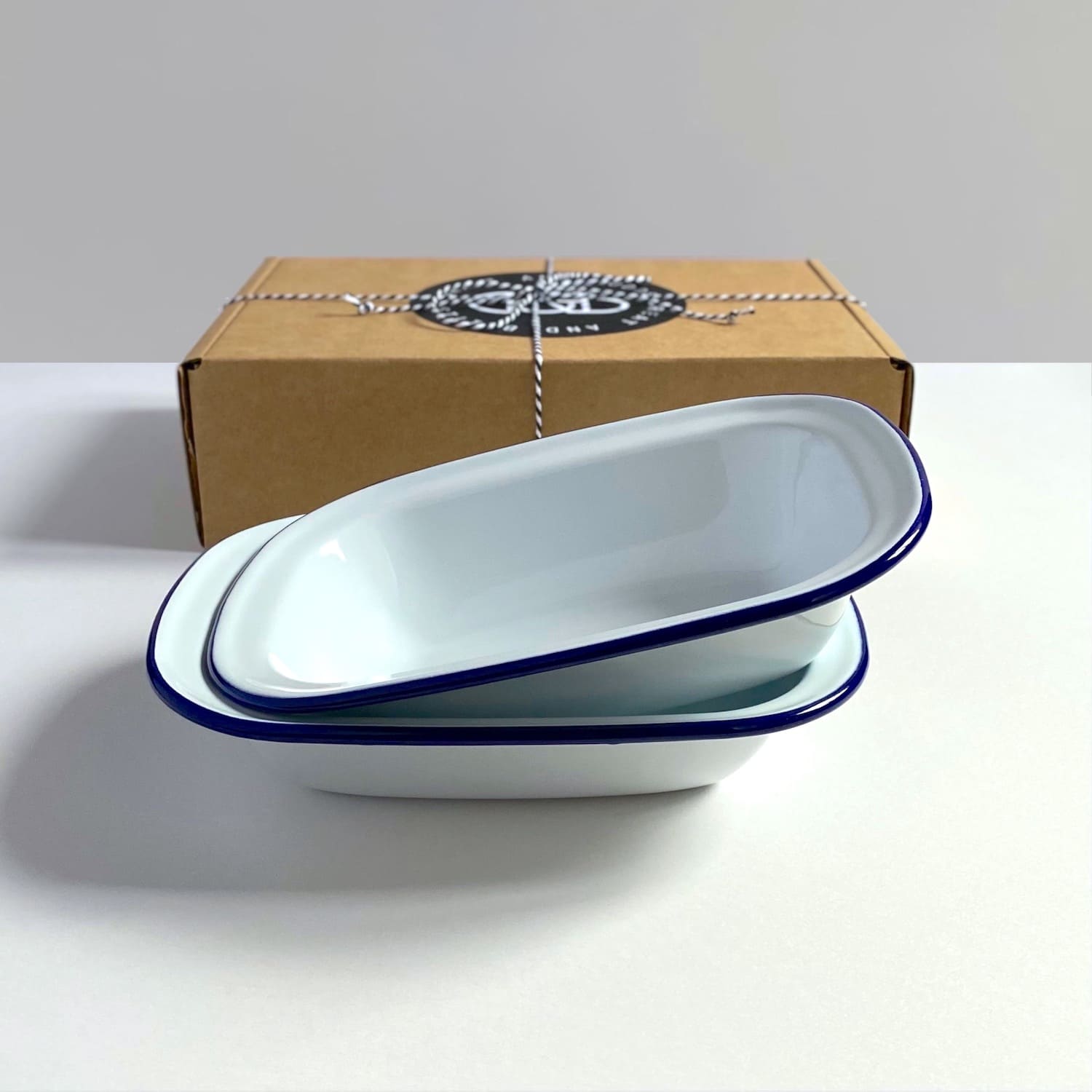 Pair of Blue Rimmed White Enamel Pie Dishes - Small