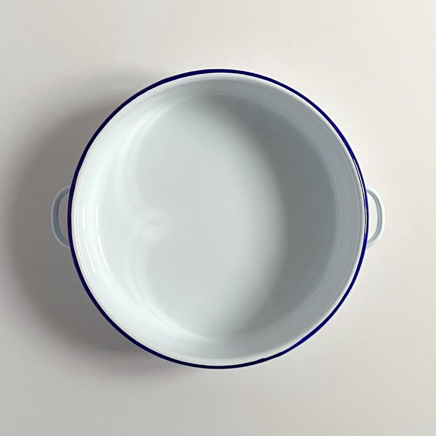 Blue Rimmed White Enamel Twin Handled Dish - Large
