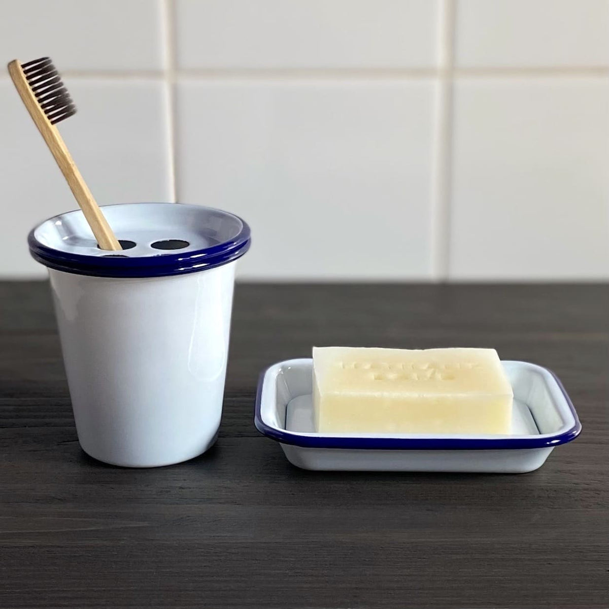 Enamel Toothbrush Holder Blue Rimmed White Falcon Housewares Gift Boxed