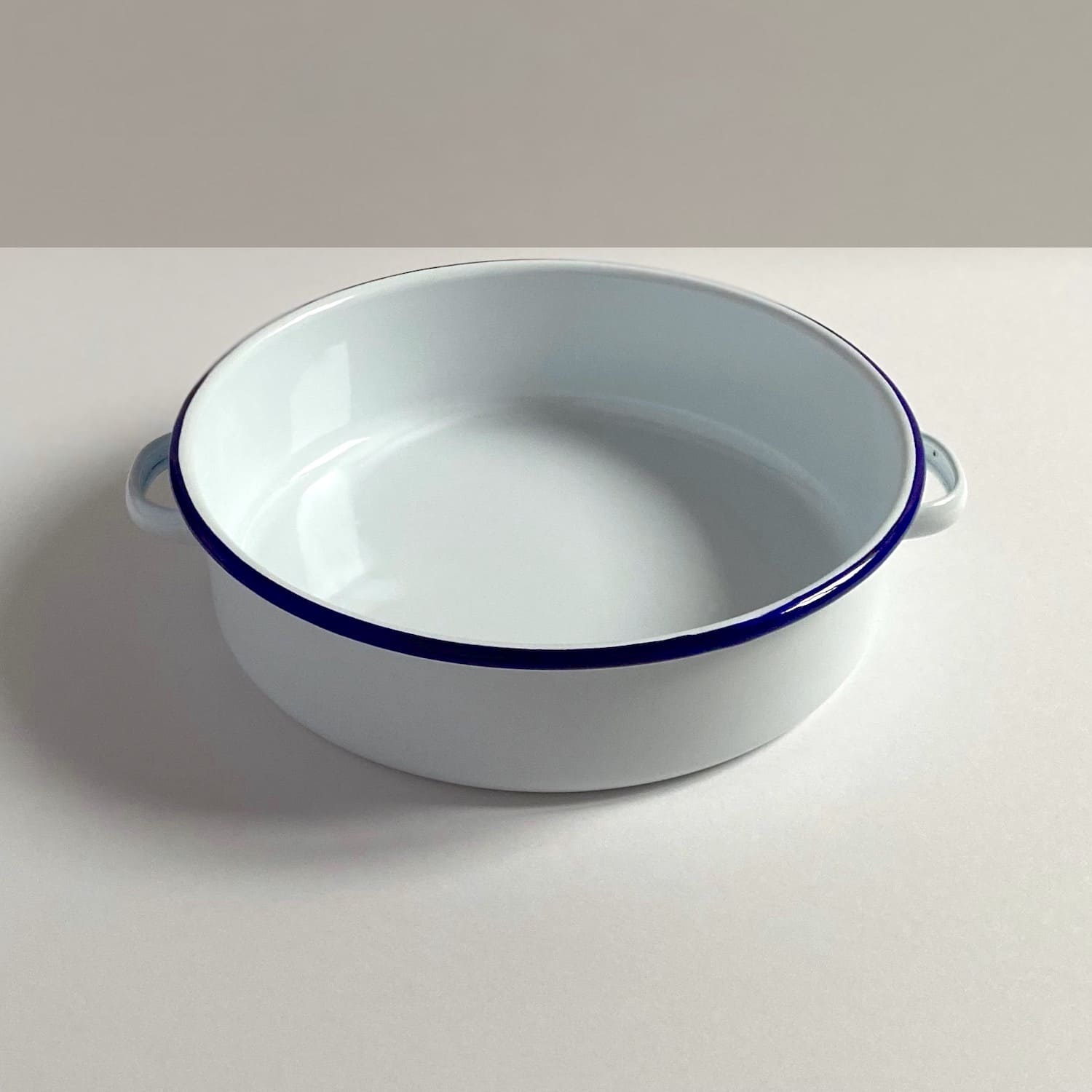Blue Rimmed White Enamel Twin Handled Dish - Large