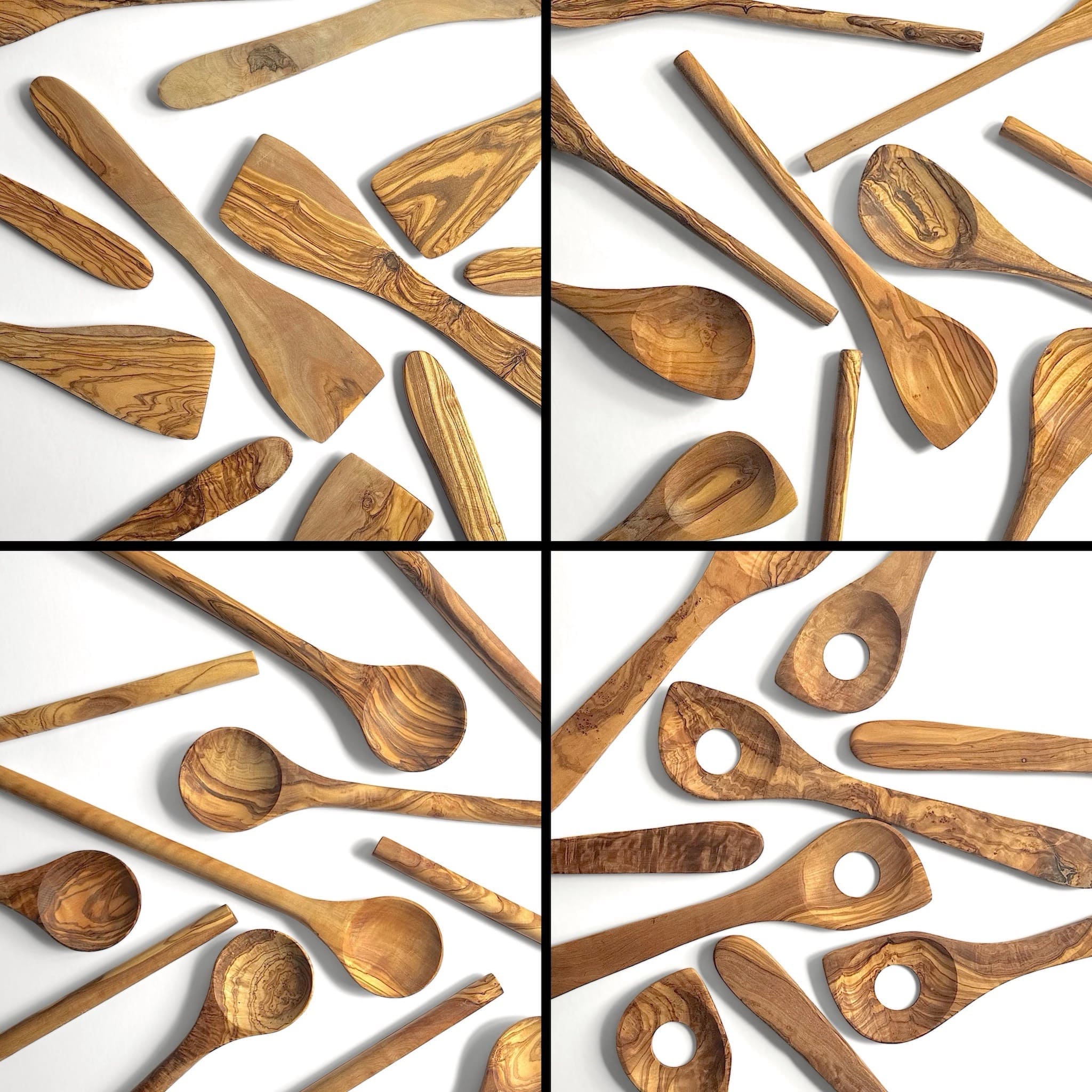 A collage of multiple wooden kitchen utensils, including spoons and spatulas, arranged on a white background with black grid lines dividing the four quadrants.