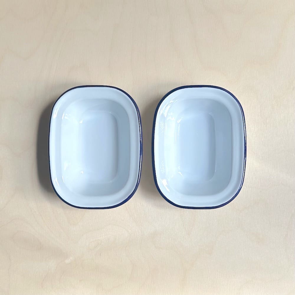 Pair of Blue Rimmed White Enamel Pie Dishes - Mini