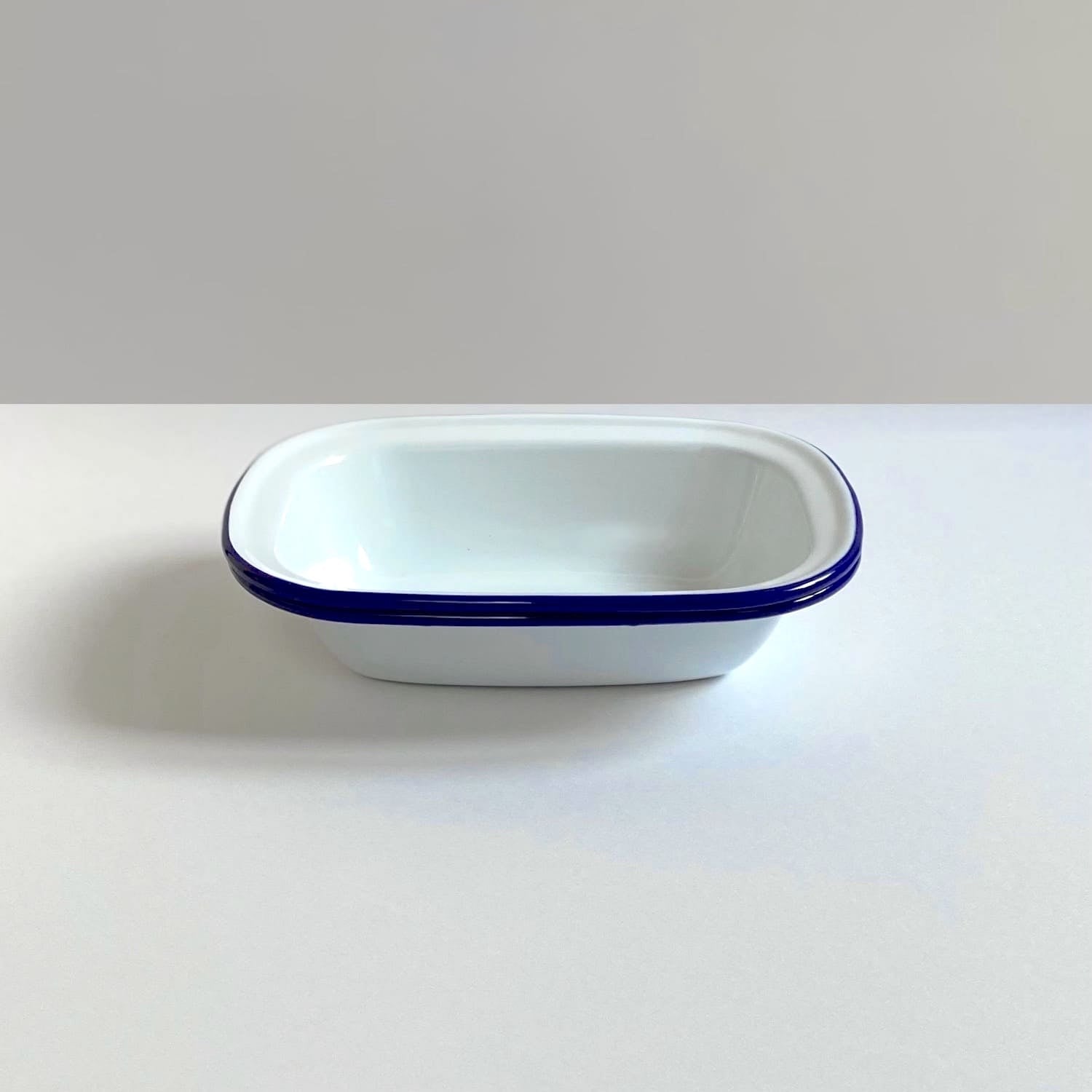 Pair of Blue Rimmed White Enamel Pie Dishes - Small