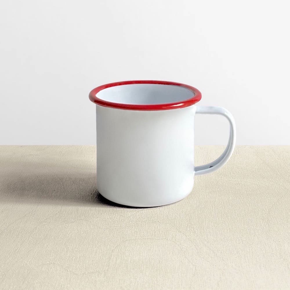Red Rimmed White Enamel Mug