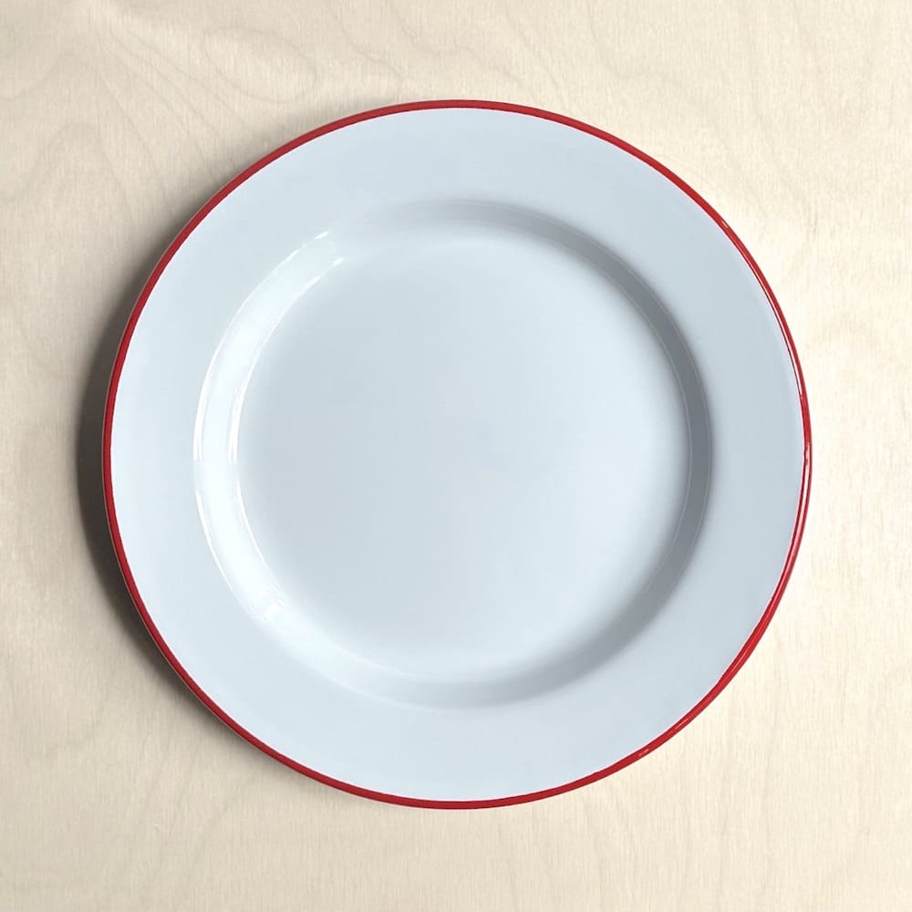 Pair of Red Rimmed White Enamel Plates