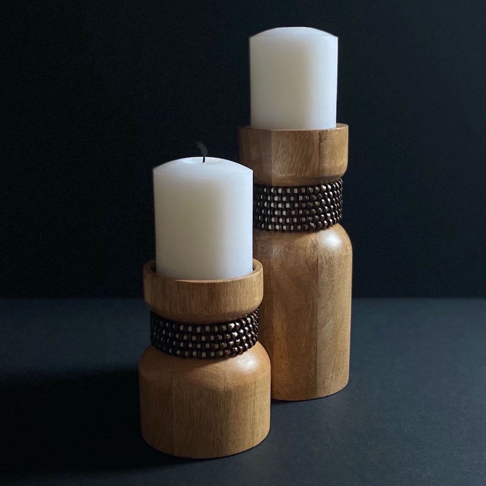 Wood Beaded Pillar Candle Holders