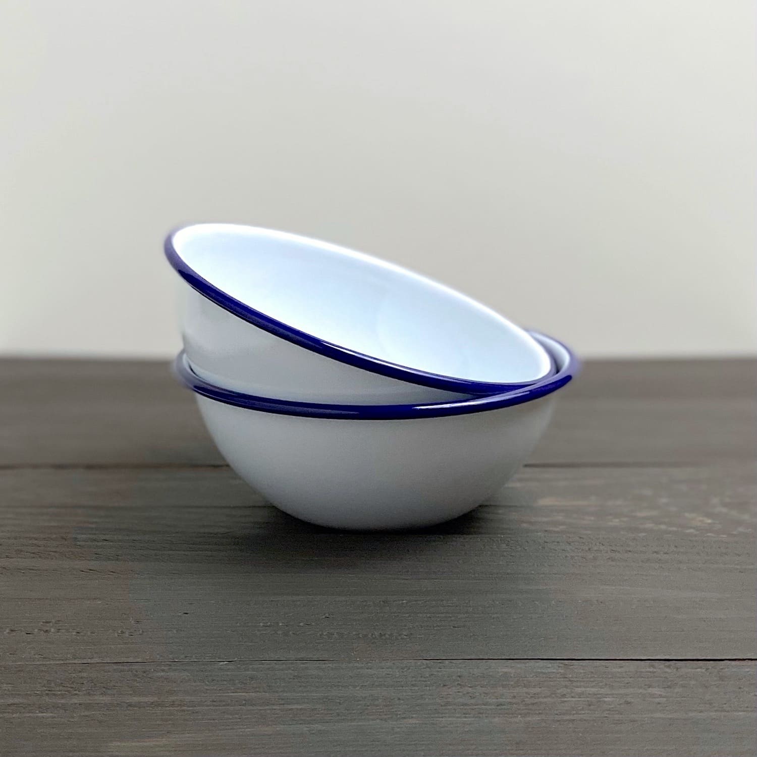 Pair of Blue Rimmed White Enamel Cereal Bowls