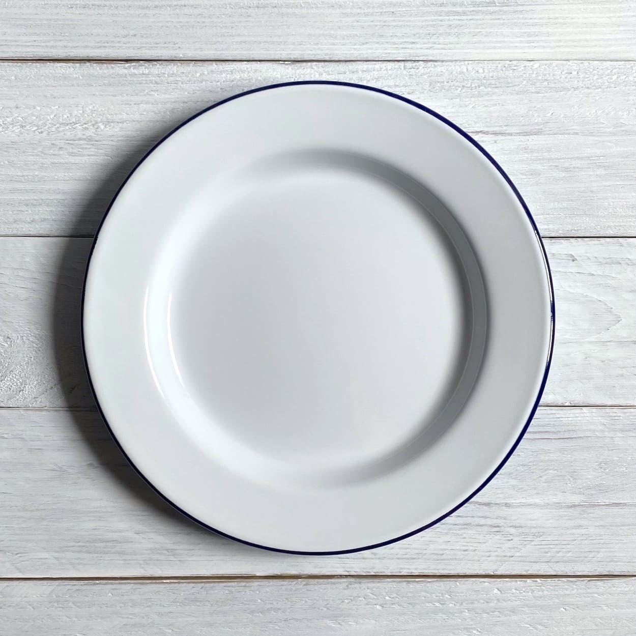 Pair of Blue Rimmed White Enamel Dinner Plates