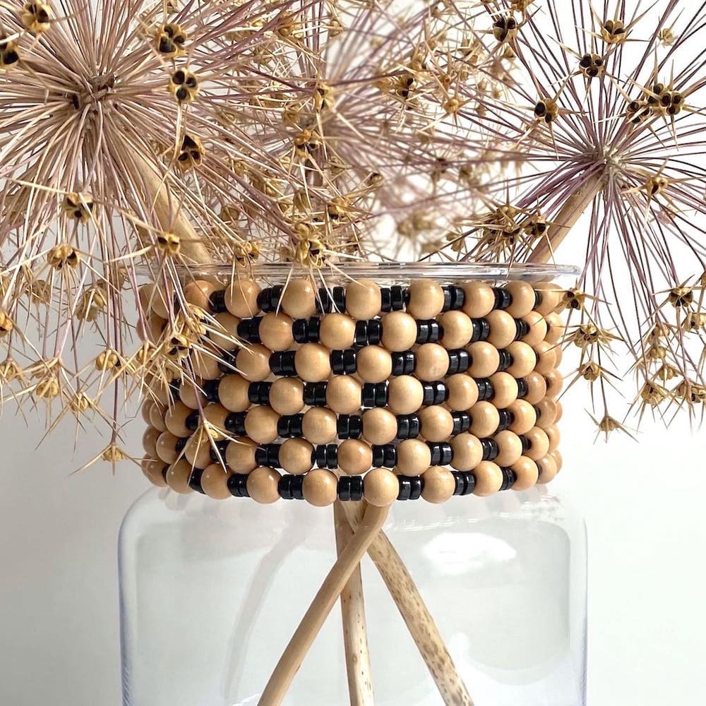 Wood Beaded Collar Vase - Natural