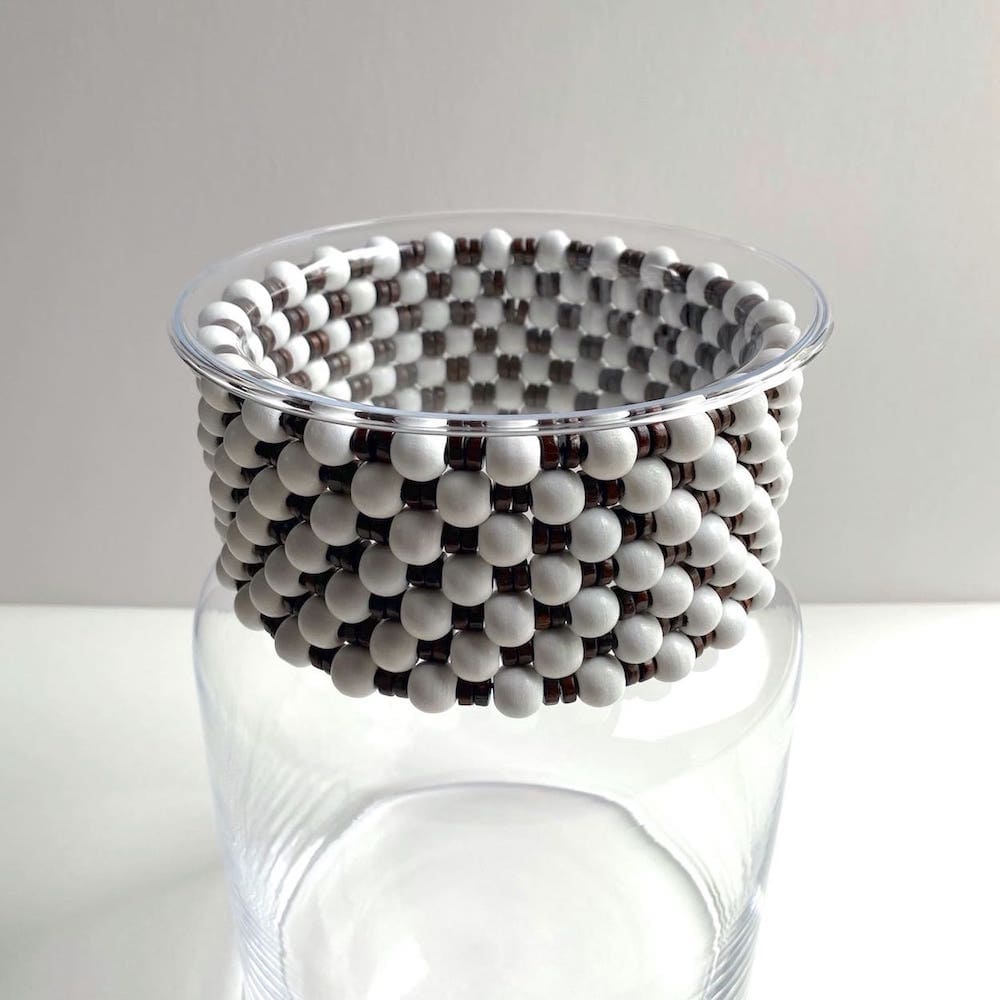 Wood Beaded Collar Vase - White