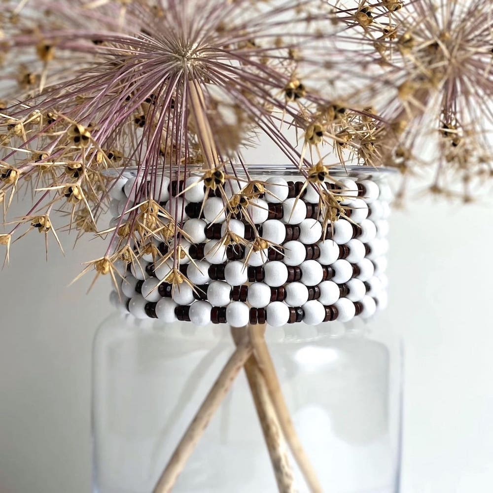 Wood Beaded Collar Vase - White